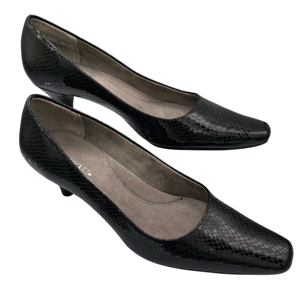 Aerosoles Black Snakeskin Embossed 2” Heel Comfort Pumps Workwear Travel